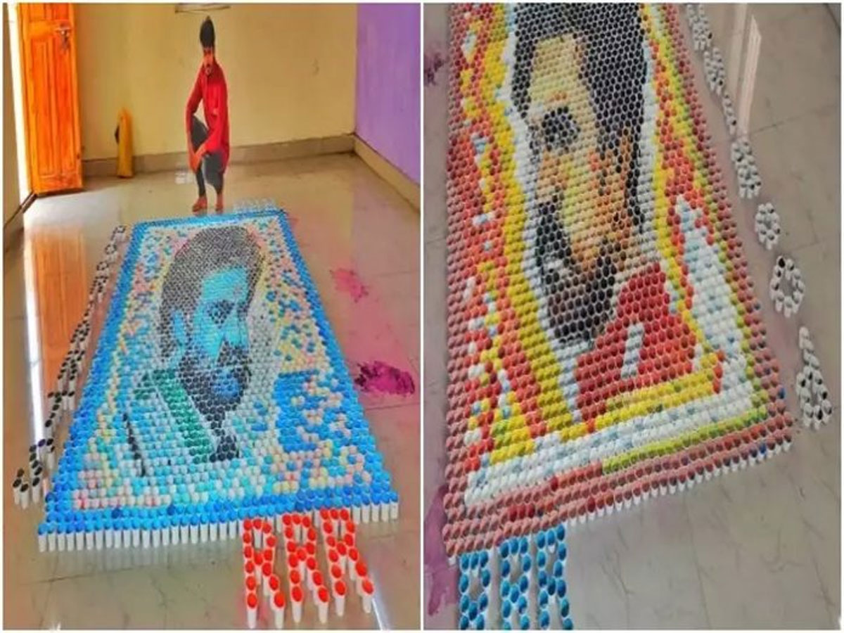 fan surprises rrr movie team with a cup art in chittoor district